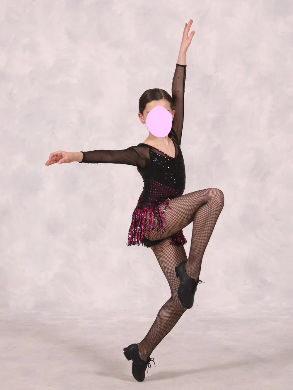 Black Mesh Sequin Fringe Dance Costume Leotard Dress with Pink Accents